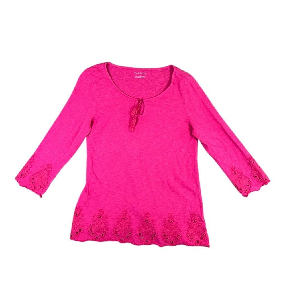 Talbots Pink Cotton Slub Eyelet Embroidered Tassel Tie Top Small